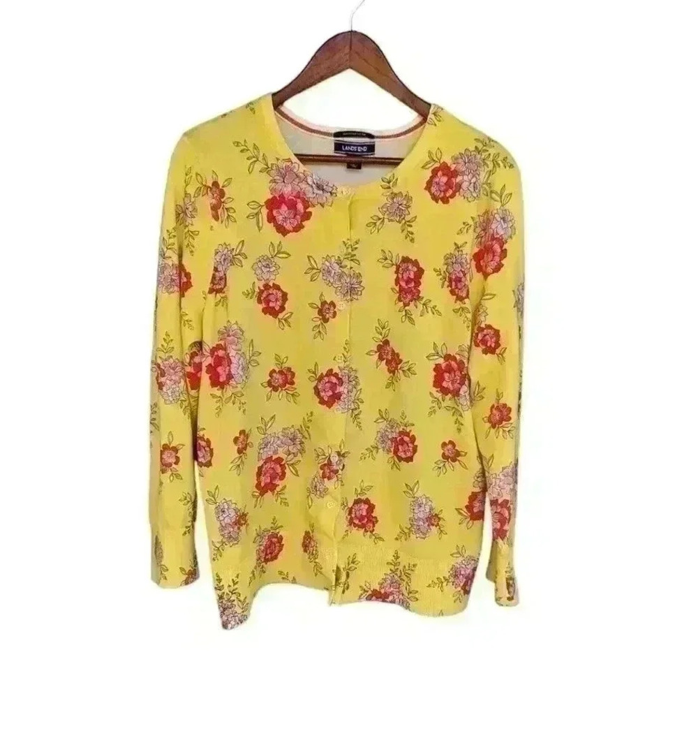 Land's End Vibrant Yellow Floral Button Front Sweater